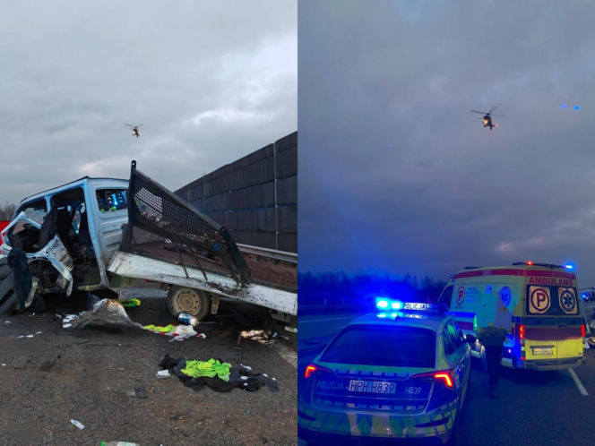 Bus z pięcioma osobami rozbił się na barierze. Helikopter LPR na miejscu
