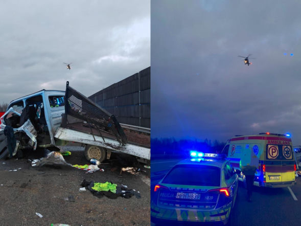 Bus z pięcioma osobami rozbił się na barierze. Helikopter LPR na miejscu