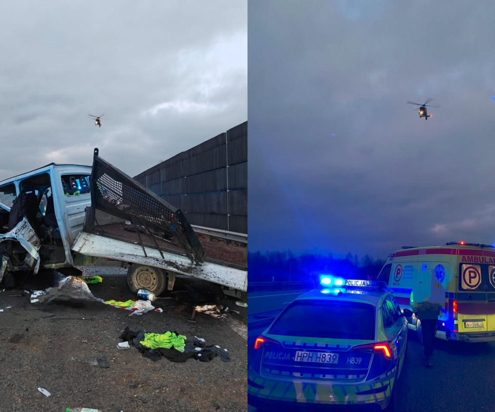 Bus z pięcioma osobami rozbił się na barierze. Helikopter LPR na miejscu
