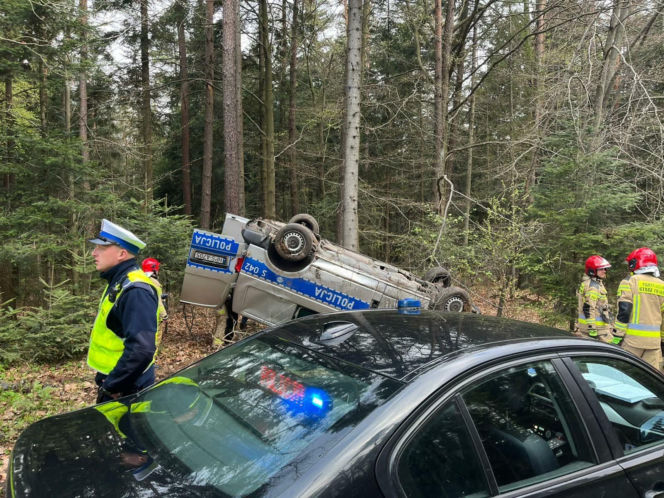 Dachowanie oznakowanego radiowozu na trasie. Policjant chciał uniknąć zderzenia z sarną