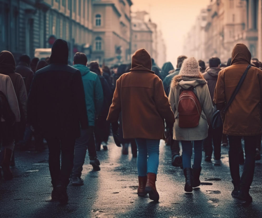 Idący ludzie w ubraniach jesienno-zimowych, uchwyceni od tyłu, na mokrej ulicy miejskiej, z budynkami w tle. Zdjęcie symbolizuje spadającą liczbę ludności i pogłębiający się kryzys demograficzny, o czym można przeczytać na Super Biznes.