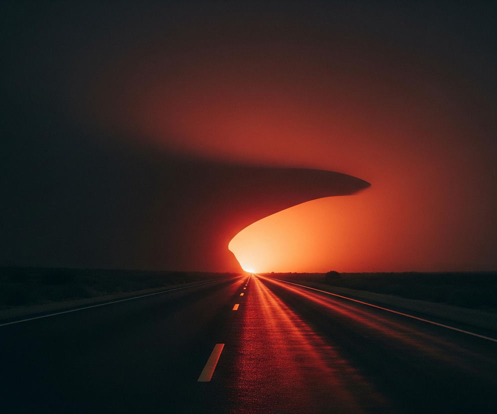 Czarny asfalt drogi biegnie prosto ku horyzontowi, gdzie intensywny pomarańczowo-czerwony blask światła dominuje centrum kadru, tworząc tunel światła. Białe, przerywane linie pasa ruchu na drodze odzwierciedlają ten blask, tworząc podłużne, świetliste refleksy rozciągające się po jej powierzchni. Ciemne sylwetki po bokach drogi oraz na górze obrazu, wydają się być górami lub formacjami skalnymi, które otaczają i w pewnym sensie wchłaniają to intensywne, ciepłe światło.