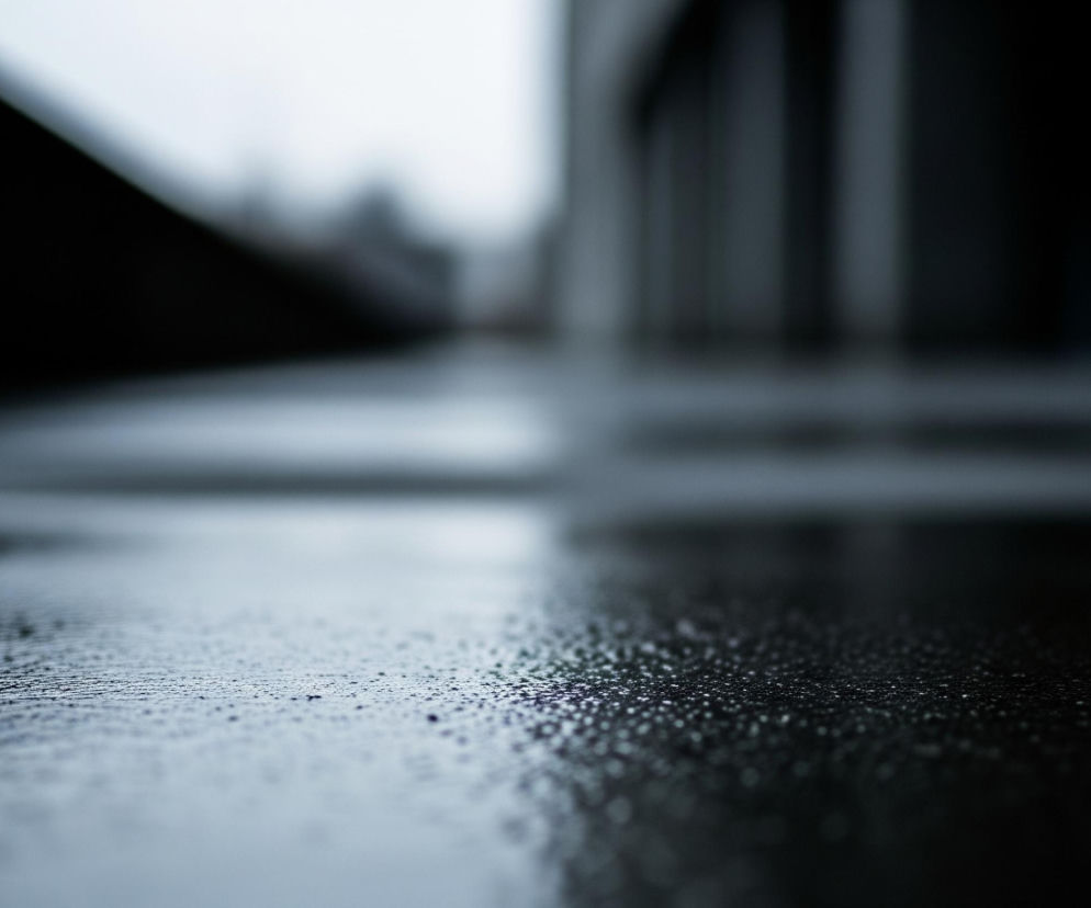 Pierwszy plan wypełnia ciemna, mokra nawierzchnia, na której błyszczą liczne, drobne kropelki wody, tworzące efekt migotliwego rozproszenia światła. Horyzont znajduje się na wysokości około jednej trzeciej obrazu od dołu. W tle widać rozmyte, szare sylwetki budynków, z dominującymi pionowymi liniami, prawdopodobnie filarami, oraz ciemne, nieostre kształty po lewej stronie, sugerujące inny element architektury lub mur. Kolory są głównie chłodne, z przewagą odcieni szarości, błękitu i czerni, co nadaje całości ponury, deszczowy nastrój.