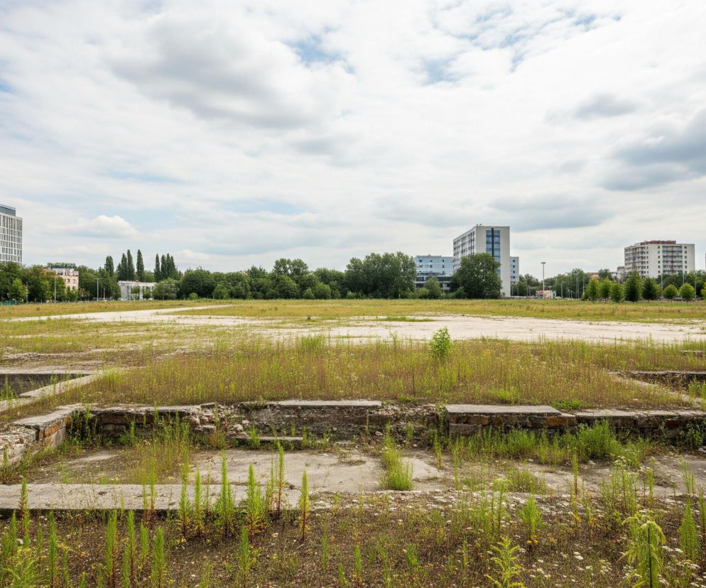 Rozległe, zaniedbane pole, pokryte suchą trawą i chwastami, dominuje na pierwszym planie i w centrum kadru. Na jego powierzchni widoczne są betonowe i ceglane fundamenty lub pozostałości po budynkach, częściowo porośnięte roślinnością. W tle, za linią zielonych drzew, wznoszą się nowoczesne, przeszklone wieżowce o jasnych elewacjach, sąsiadujące z niższymi budynkami mieszkalnymi. Niebo jest częściowo zachmurzone, z dużymi, białymi chmurami.