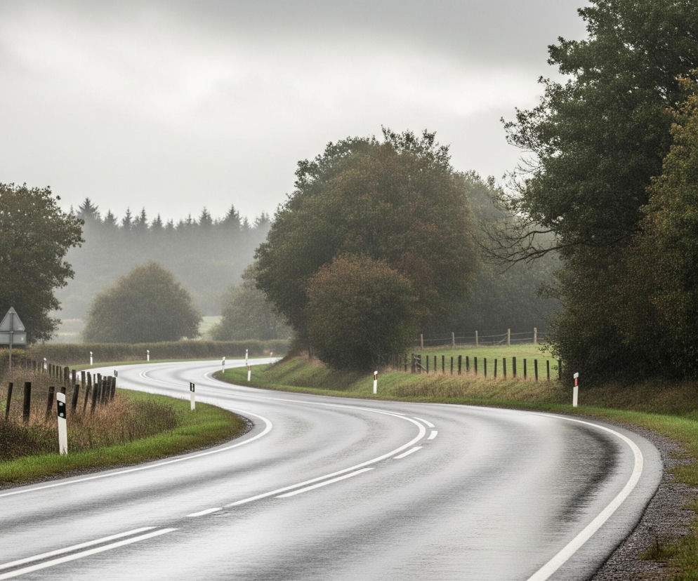 Asfaltowa, kręta droga z dwiema białymi liniami ciągłymi biegnie przez środek kadru, widocznie mokra i błyszcząca od deszczu, prowadząc w głąb obrazu. Po obu stronach drogi rozciągają się trawiaste pobocza, za którymi widać zielone krzewy i drzewa o gęstych koronach, z dominującą ciemną zielenią po prawej stronie. Tło stanowi zamglony, szary horyzont, z zarysem lasu iglastego widocznym po lewej stronie, oraz jasne, zachmurzone niebo u góry. Wzdłuż drogi rozmieszczone są białe słupki odblaskowe z czerwonymi i czarnymi elementami, a po lewej stronie drogi widoczny jest drewniany płot.
