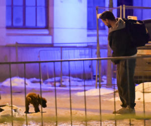 Sebastian Fabijański z pieskiem na spacerze