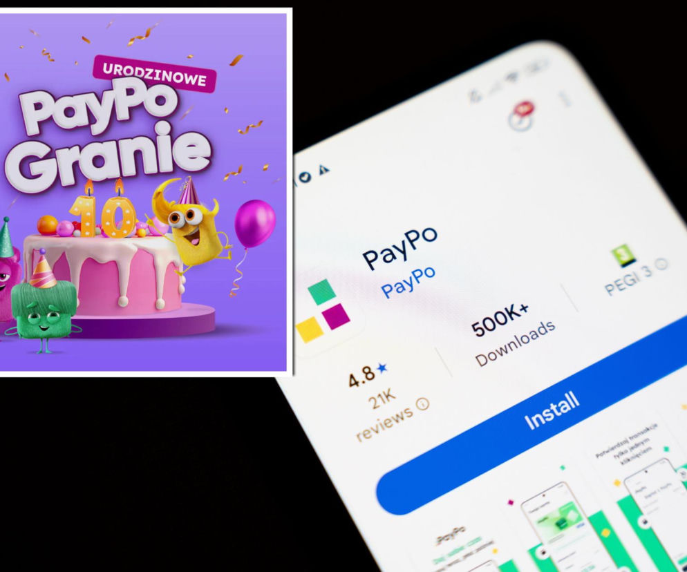 Ekran smartfona z aplikacją PayPo w sklepie Google Play. Obok grafika z tortem na 10-lecie firmy, o czym pisze SE Superbiz.