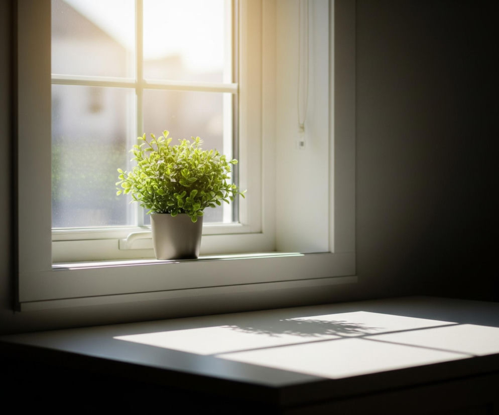 Zielona roślina w szarej doniczce stoi na białym parapecie, w centrum kadru, przed oknem z białymi szprosami. Zza okna wpada jasne, słoneczne światło, tworząc intensywną poświatę w górnej części ramy okiennej i rzucając wyraźne cienie na jasny blat pod oknem, obejmujący około połowy szerokości zdjęcia. Większość pomieszczenia po prawej i lewej stronie okna oraz dolna część kadru pogrążona jest w cieniu, tworząc kontrast z oświetlonym obszarem.