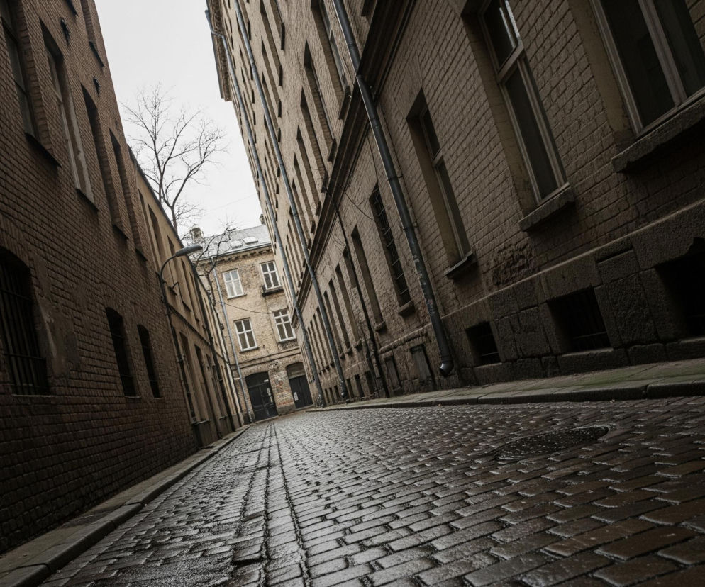 Wąska, kamienista ulica biegnie prosto, a jej powierzchnia jest mokra, co odbija światło. Po obu stronach ulicy wznoszą się wysokie, ceglane budynki, tworząc ciasną perspektywę. Na horyzoncie, w oddali, widać kolejny budynek z białymi oknami i bezlistne drzewo, a nad wszystkim rozciąga się jasne, zachmurzone niebo.