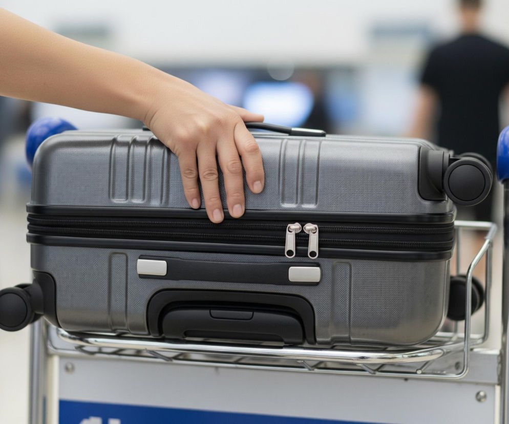 Głównym obiektem jest szara walizka podróżna, z widoczną fakturą na powierzchni, leżąca na metalowym wózku. Ręka osoby w jasnoszarej koszuli spoczywa na górze walizki, blisko jej rączki. Z przodu walizki znajdują się dwa metalowe suwaki i czarne elementy ozdobne. W tle widać zamazane sylwetki ludzi oraz fragmenty innych walizek, w tym jednej w kolorze bordowym.