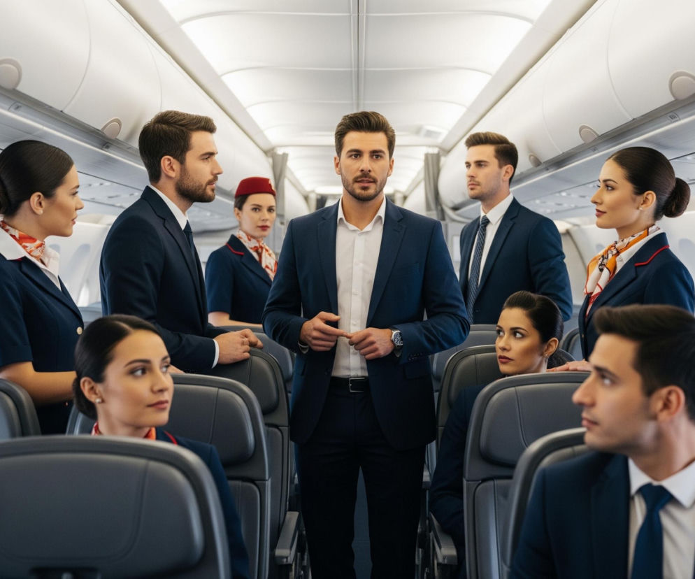 Wnętrze samolotu wypełnione jest personelem pokładowym. Pośrodku, stojąc, znajduje się mężczyzna w ciemnym garniturze i białej koszuli, patrzący prosto przed siebie. Otacza go sześć innych osób w uniformach: cztery kobiety i dwóch mężczyzn. Kobiety mają na sobie granatowe marynarki z czerwonymi akcentami i pomarańczowo-białe chusty na szyi, jedna z nich również czerwony beret. Mężczyźni ubrani są w granatowe garnitury z krawatami lub białe koszule. Większość z nich siedzi lub stoi obok rzędów szarych foteli pasażerskich, patrząc w różnych kierunkach.