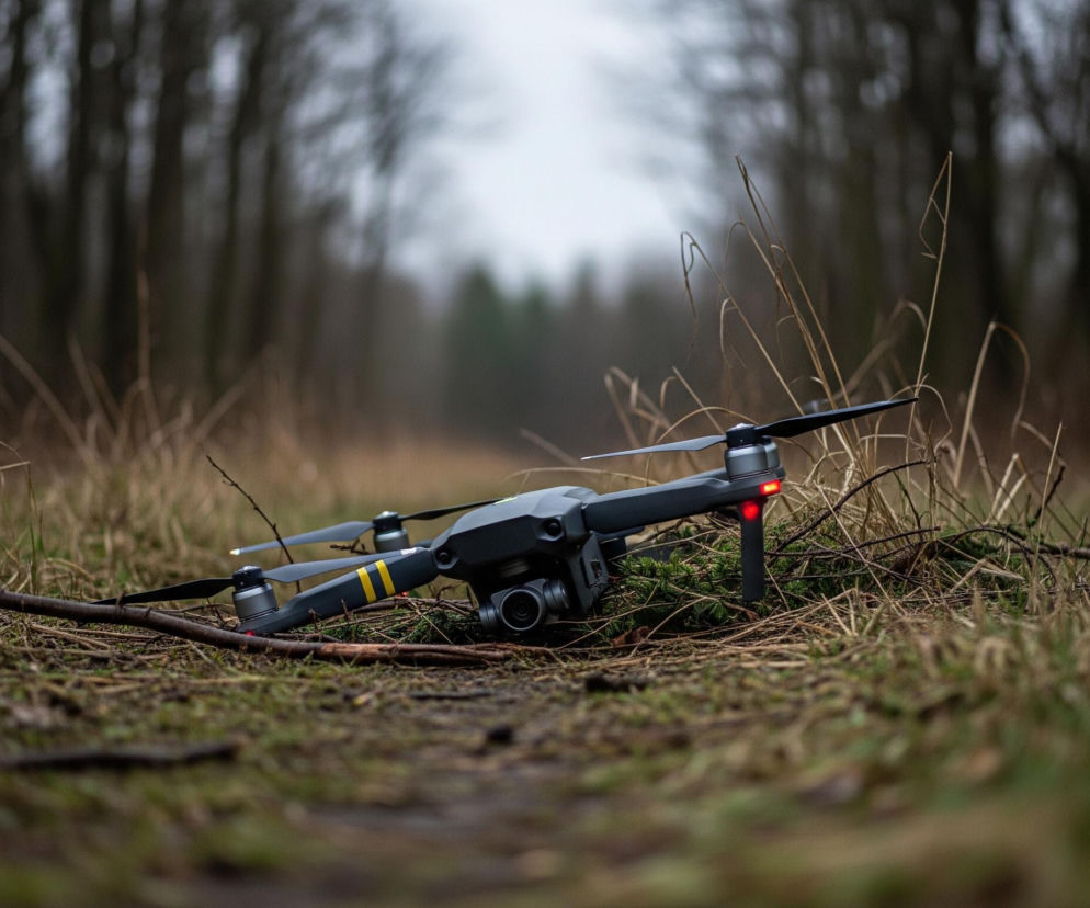 Na pierwszym planie leży ciemnoszary dron z czarnymi śmigłami, na ramieniu drona widoczne są dwa żółte paski. Dron ma włączone czerwone światło pozycyjne z tyłu i białe z przodu. Leży na pokrytej suchymi trawami i mchem ścieżce w lesie, otoczony przez drobne gałązki. W tle rozciąga się las z wysokimi, bezlistnymi drzewami o ciemnych pniach i gałęziach, a niebo jest jasne i szare.