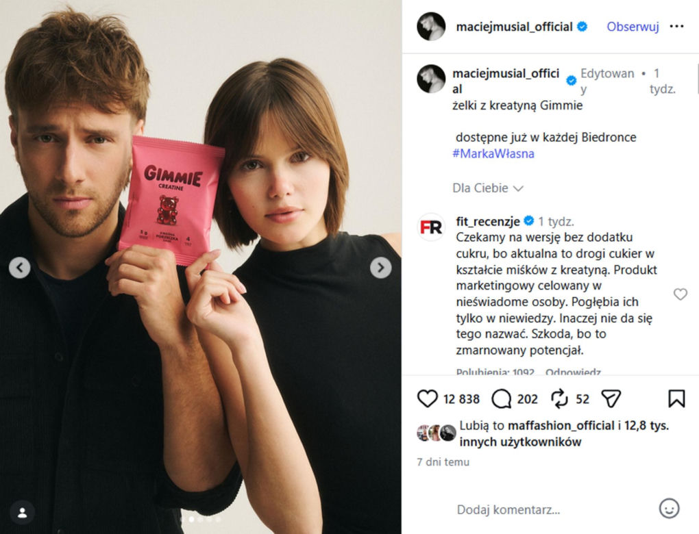 Maciej Musiał rusza z własną marką. Jego żelki z kreatyną trafiły do Biedronki