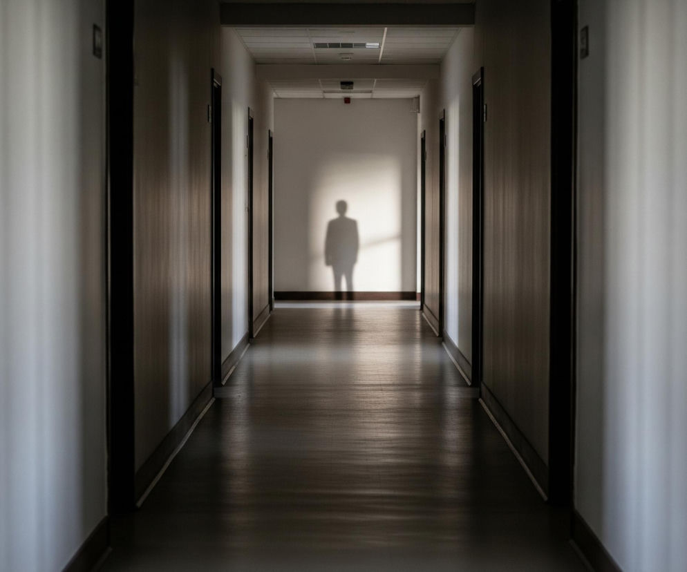 Długi, wąski korytarz w ciemnych barwach dominuje scenę, z centralnie umieszczoną sylwetką człowieka widoczną na końcu. Ściany boczne korytarza są jasne, ale pogrążone w półcieniu, z rzędami ciemnych drzwi po obu stronach. Podłoga wykonana jest z ciemnego, lśniącego materiału, odbijającego smugi światła. Na suficie widać panele sufitowe i pojedyncze lampy, a także czerwony, prostokątny alarm.