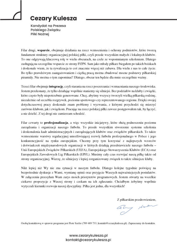 List Cezarego Kuleszy do delegatów PZPN