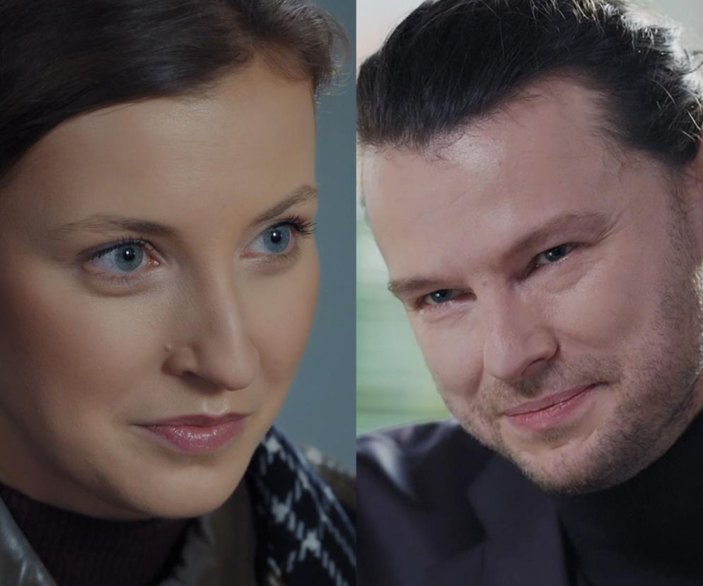 Dominika Suchecka jako Natalka Mostowiak z serialu „M jak miłość” patrzy w bok z delikatnym uśmiechem, obok Mateusz Kościukiewicz jako Mikołaj Lipiński spogląda prosto z intrygującym wyrazem twarzy, zapowiadając nowy romans. Więcej o ich losach na Super Seriale.