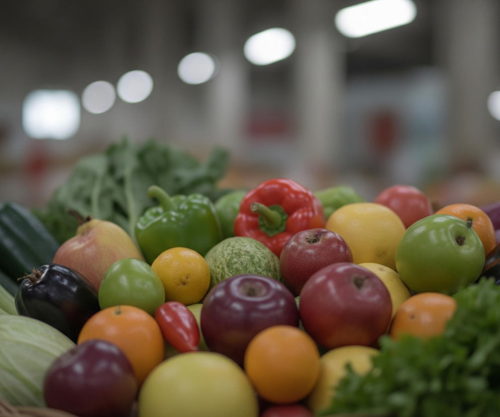 Koszyk wypełniony różnorodnymi świeżymi warzywami i owocami znajduje się na pierwszym planie, dominującym w kadrze. Widoczne są jaskrawozielone pory, ciemnozielona sałata, czerwone i zielone papryki, czerwone i zielone jabłka, pomarańcze, cytryny, gruszki i ciemnofioletowe bakłażany. Tło jest rozmyte, ukazując niewyraźne kształty i jasne, rozproszone światła sufitowe, sugerujące wnętrze supermarketu lub hali targowej, z niewyraźną postacią ludzką po lewej stronie.