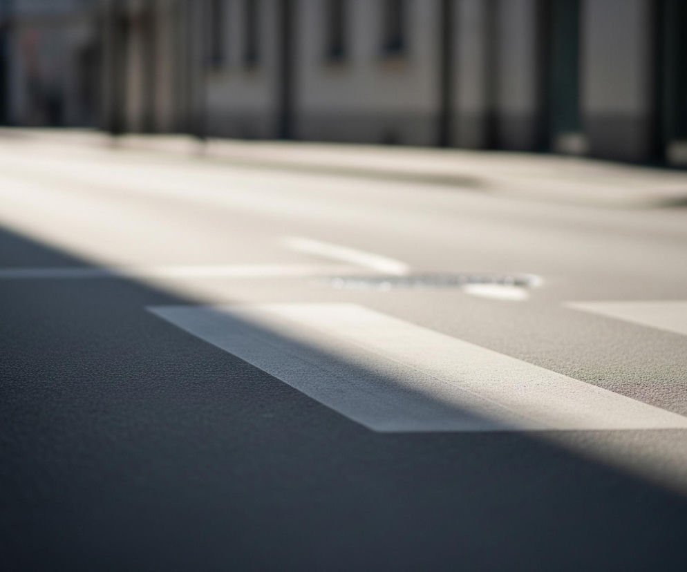 Asfaltowa ulica rozciąga się w głąb obrazu, a jej tekstura jest wyraźnie widoczna w dolnej części kadru. Na jezdni namalowane są białe, poziome pasy przejścia dla pieszych, częściowo pokryte cieniem. Jasne światło słoneczne pada na prawą stronę ulicy, tworząc kontrast z ciemniejszą, zacienioną lewą stroną. W tle, rozmyte, widoczne są kontury budynków i drzew, a także dwa niewyraźne, jasne punkty sugerujące światła samochodów.