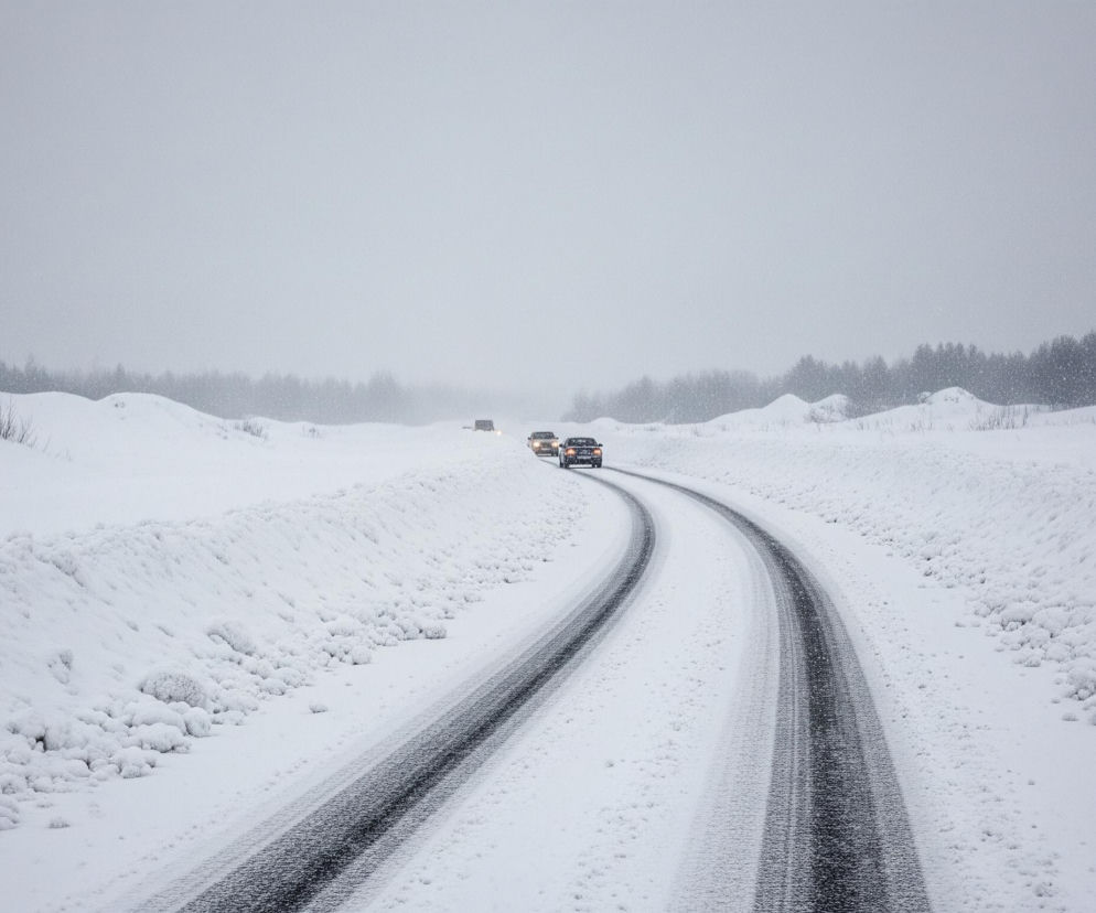 Zasypana śniegiem droga biegnie zakrętem od pierwszego planu w głąb obrazu, gdzie na jej końcu widać kilka samochodów z włączonymi światłami. Głębokie koleiny o ciemnym, odsłoniętym asfalcie widać na białej warstwie śniegu pokrywającej całą jezdnię. Po obu stronach drogi piętrzą się wysokie zaspy śniegu, tworząc nieregularne białe wzgórza. W tle, za zaspami, rozciąga się pas ciemnych drzew iglastych, a nad nimi niebo jest jednolicie szare, co wskazuje na pochmurną pogodę i opady śniegu.