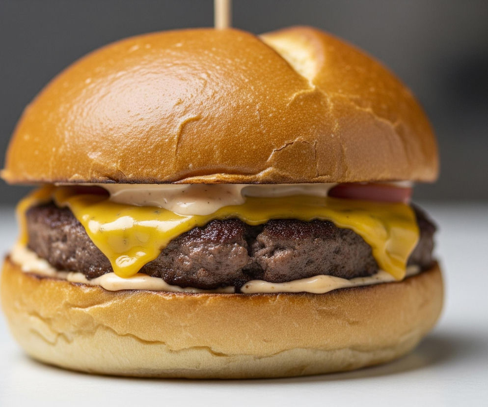 Centralnie umieszczony jest świeżo przygotowany burger, składający się z miękkiej, złocistej bułki typu brioche, roztopionego żółtego sera, soczystego kotleta wołowego oraz sosów. Górna część bułki, lekko połyskująca i o nieregularnej, popękanej strukturze, jest przebita drewnianą wykałaczką. Pod nią widoczny jest różowawy sos z delikatnymi plamkami, a następnie cienki plasterek czerwonej cebuli i obficie rozlany żółty, gęsty ser, spływający po krawędziach kotleta. Kotlet wołowy ma ciemnobrązową, lekko chropowatą powierzchnię, a pod nim znajduje się kolejna warstwa różowego sosu, posmarowana na dolnej części bułki, która ma podobny, złocisty kolor i gładką teksturę. Tło jest nieostre: u góry ciemnoszare, przechodzące w biel na dole, na powierzchni, na której spoczywa burger.
