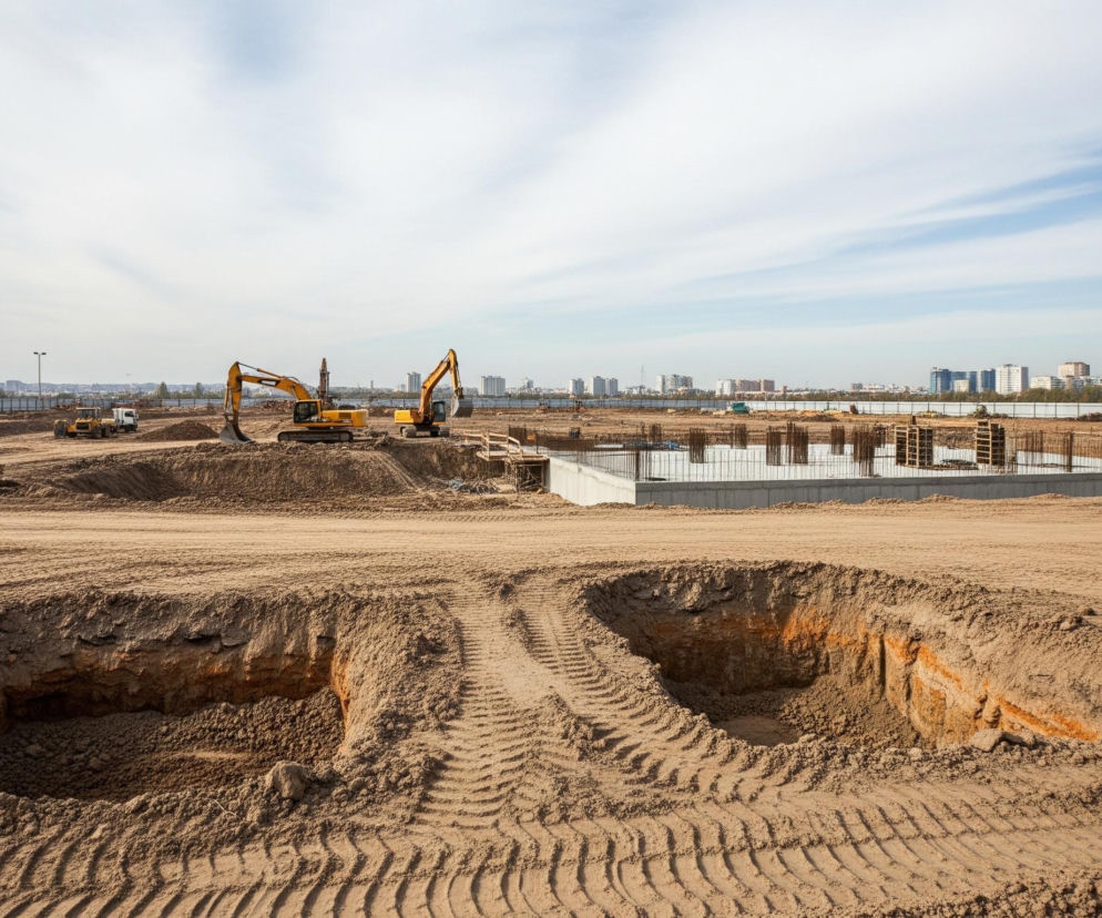 Na pierwszym planie widoczne są dwa duże, owalne doły wykopane w piaszczystym, brązowym gruncie, z wyraźnymi śladami opon maszyn budowlanych. W tle, na środku obrazu, znajdują się trzy żółte koparki gąsienicowe z wysięgnikami i łyżkami, a także inne mniejsze maszyny budowlane. Po prawej stronie, nieco dalej, widoczna jest konstrukcja fundamentowa budynku wykonana z betonu i prętów zbrojeniowych. Horyzont tworzy linia zabudowań miejskich z licznymi wysokimi blokami i budynkami, pod jasnym, częściowo zachmurzonym niebem.