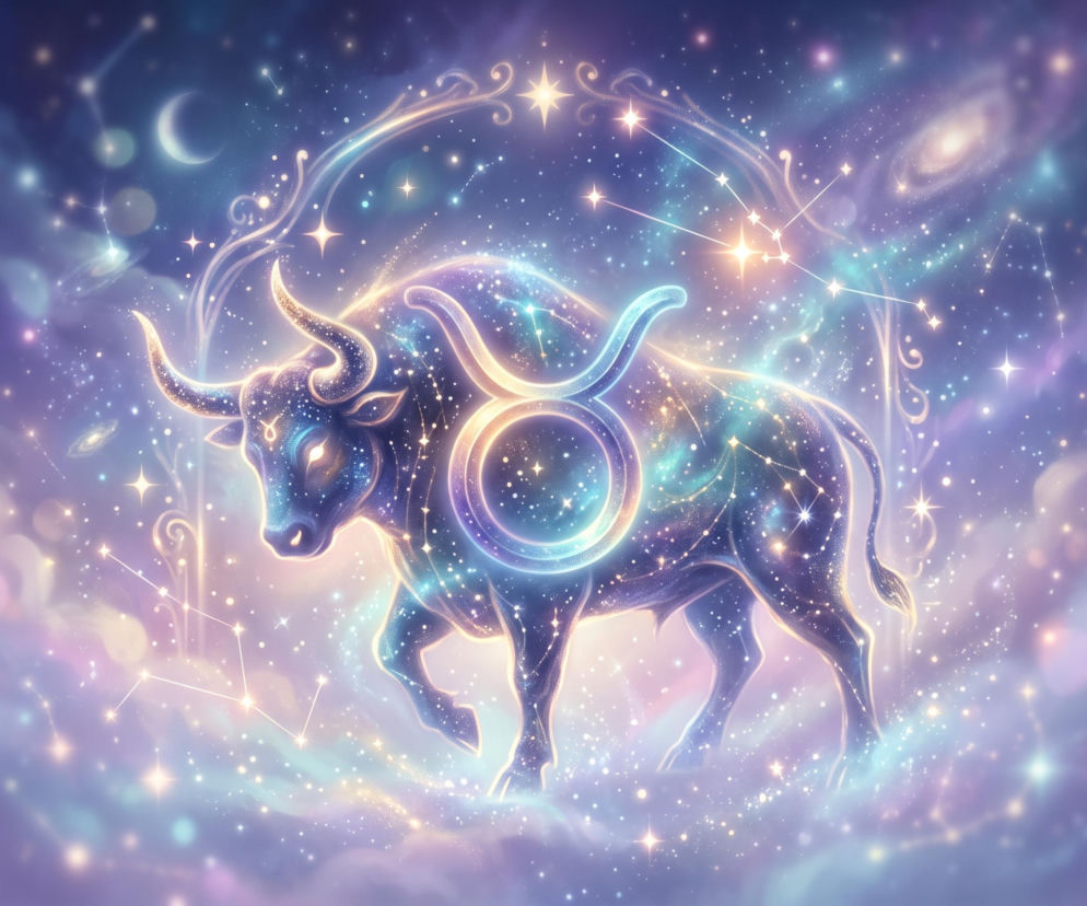Świecąca postać byka i jego symbol zodiakalny na tle gwieździstego nieba. O horoskopie dla Byka przeczytasz w Eska.