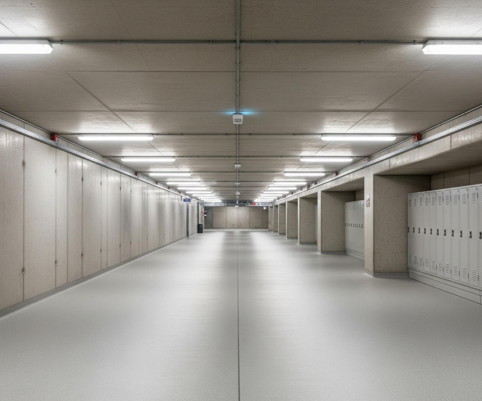 Długi, symetryczny korytarz rozciąga się w głąb obrazu, oświetlony rzędem prostokątnych, jarzeniowych lamp sufitowych. Ściany wykonane są z betonu, po lewej stronie gładkiego, z widocznymi poziomymi i pionowymi łączeniami płyt oraz okrągłymi otworami, a po prawej stronie otwierają się na wnęki z szarymi, metalowymi szafkami zamykanymi na klucz. Podłoga jest jasnoszara, z subtelną, nieregularną teksturą, a wzdłuż sufitu i ścian biegną rury i metalowe korytka kablowe. W centrum sufitu znajduje się kwadratowe urządzenie z niebieskim światłem.