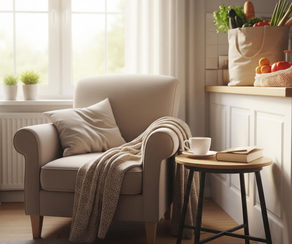 Beżowy fotel stoi na pierwszym planie, z jasną poduszką i wzorzystym kocem narzuconym na jedno z oparć. Obok fotela znajduje się okrągły, drewniany stolik z czarnymi nogami, na którym leży otwarta książka i filiżanka kawy z talerzykiem. W tle, za fotelem, widać duże okno z białymi ramami i jasnymi zasłonami, a na parapecie stoją dwie małe doniczki z zielonymi roślinami. Po prawej stronie kadru widoczny jest fragment białej zabudowy kuchennej z drewnianym blatem, na którym leży torba na zakupy pełna świeżych warzyw oraz koszyk z pomarańczami i pomidorami.
