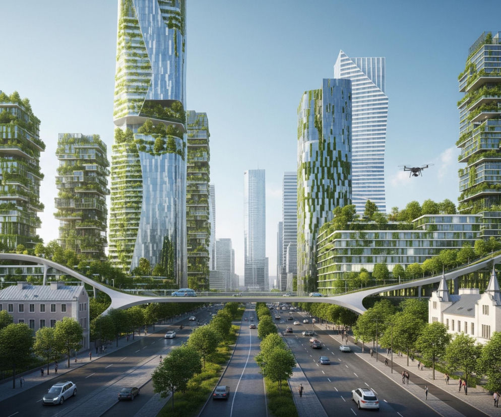 Wysokie, nowoczesne budynki z dominującą zielenią porastającą ich elewacje tworzą centralny punkt krajobrazu, nadając futurystyczny wygląd miastu. Część fasad, szczególnie wyższych wieżowców, jest pokryta gęstymi, zielonymi roślinami, co kontrastuje z przeszklonymi, błękitnymi powierzchniami. Poniżej rozciąga się szeroka ulica z licznymi samochodami w ruchu, otoczona rzędami drzew o soczystej zieleni, a nad nią wznosi się biały, zakrzywiony most. Dwa czarne drony, z czterema śmigłami każdy, unoszą się w górze, a w tle widać niewielkie stado ptaków.