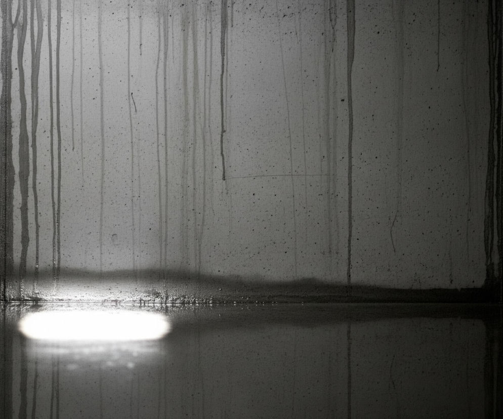 Szara, betonowa ściana pokryta jest licznymi pionowymi zaciekami o ciemniejszej barwie, niektóre z nich są grube i nieregularne, inne cienkie i proste, wszystkie sprawiają wrażenie śladów po wodzie lub innej cieczy. Dolna część ściany łączy się z poziomą, ciemną powierzchnią, na której widoczne jest intensywne, eliptyczne źródło światła w lewej, dolnej części kadru. Światło to odbija się w poziomej powierzchni, tworząc rozmyte lustrzane odbicie.