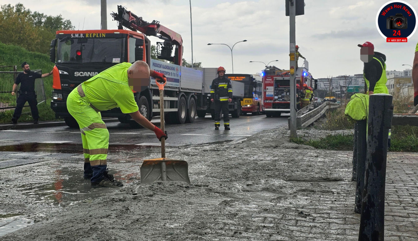Tony betonu rozlały się na asfalt w Warszawie. Kierowca betoniarki zwiał! 