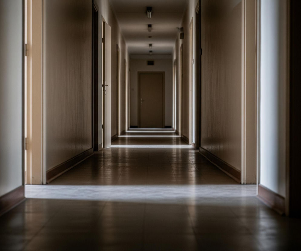 Długi korytarz z drzwiami po obu stronach rozciąga się w głąb obrazu, tworząc perspektywę zbieżną. Ściany są jasnobeżowe, a podłoga wykonana jest z ciemnych paneli, na której widać odbicia światła i cienia rzucane przez górne oświetlenie. W oddali, na końcu korytarza, widoczne są zamknięte, jasne drzwi, a na suficie biegnie rząd czarnych opraw oświetleniowych. Całość utrzymana jest w stonowanej kolorystyce z dominującymi brązami i beżami, a oświetlenie tworzy dramatyczny kontrast między jasnymi smugami a głębokimi cieniami.