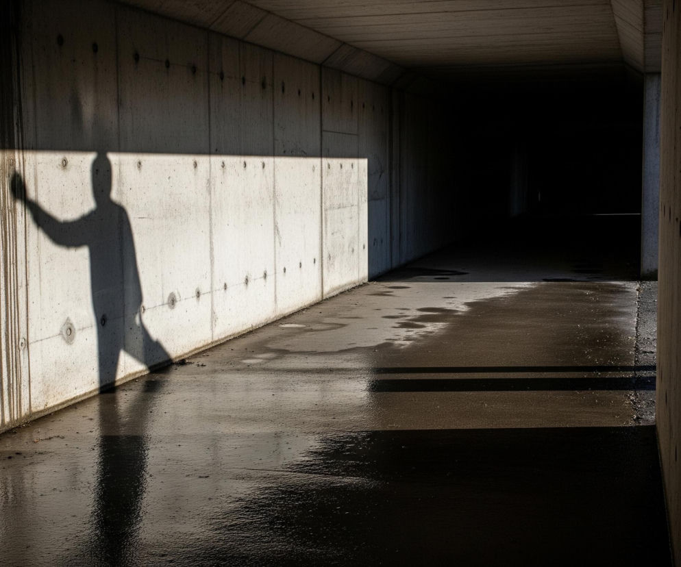 Ciemny, betonowy tunel oświetlony jest ukośnie padającym światłem słonecznym, tworzącym na lewej ścianie tunelu wyraźny cień sylwetki człowieka. Sylwetka ma uniesioną lewą rękę, a światło pada na podłogę pokrytą kałużami, odbijającymi światło. Na betonie widoczne są ślady zacieków i okrągłe otwory, a w oddali tunel znika w całkowitej ciemności.