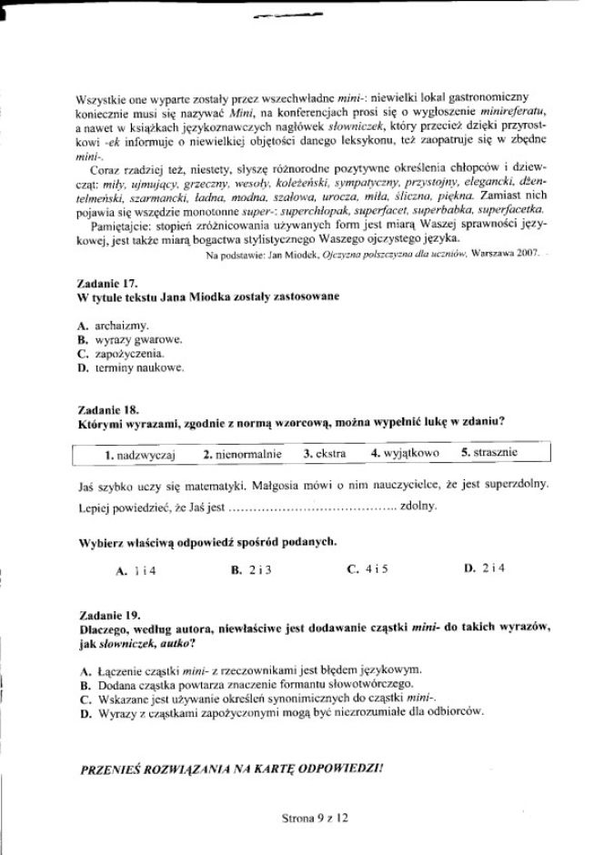 EGZAMIN GIMNAZJALNY 2012, JĘZYK POLSKI - ARKUSZE, PYTANIA, ODPOWIEDZI - TEST GIMNAZJALNY 2012 JEZYK POLSKI