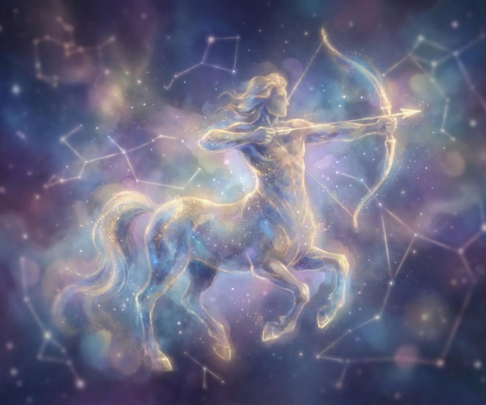 Znak zodiaku Strzelec jako świetlisty centaur z łukiem na tle kosmosu. O horoskopie dziennym przeczytasz na Eska.