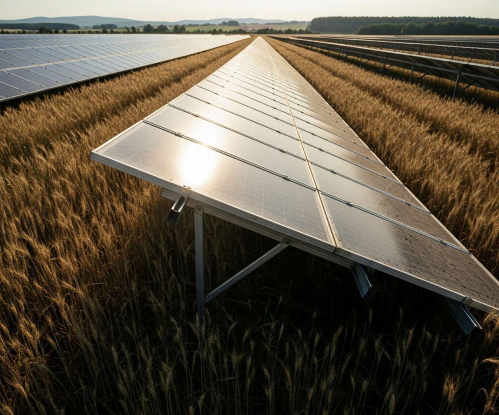 Długie rzędy paneli słonecznych umieszczonych na polu pszenicy. W tle rozciągają się pola uprawne i las. Zbliżenie na panele słoneczne oraz kłosy pszenicy. Słońce odbija się od paneli. Więcej o agrofotowoltaice przeczytasz na Super Biznes.