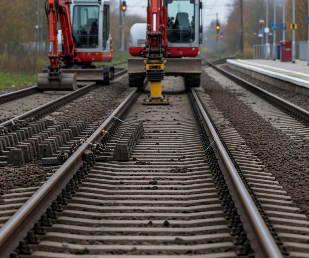 Na pierwszym planie widoczne są dwa tory kolejowe z betonowymi podkładami i kamiennym tłuczniem. Między torami, na drugim planie, stoją dwie czerwono-szare koparki gąsienicowe, jedna z nich ma żółtą stopę wibrującą. W tle po prawej stronie znajduje się peron kolejowy z niebieskimi słupkami informacyjnymi i czerwono-niebieskim koszem na śmieci, a po lewej stronie ciemnozielone drzewa i krzewy. Niebo jest pochmurne, a w oddali widać czerwone światła sygnalizacji kolejowej.
