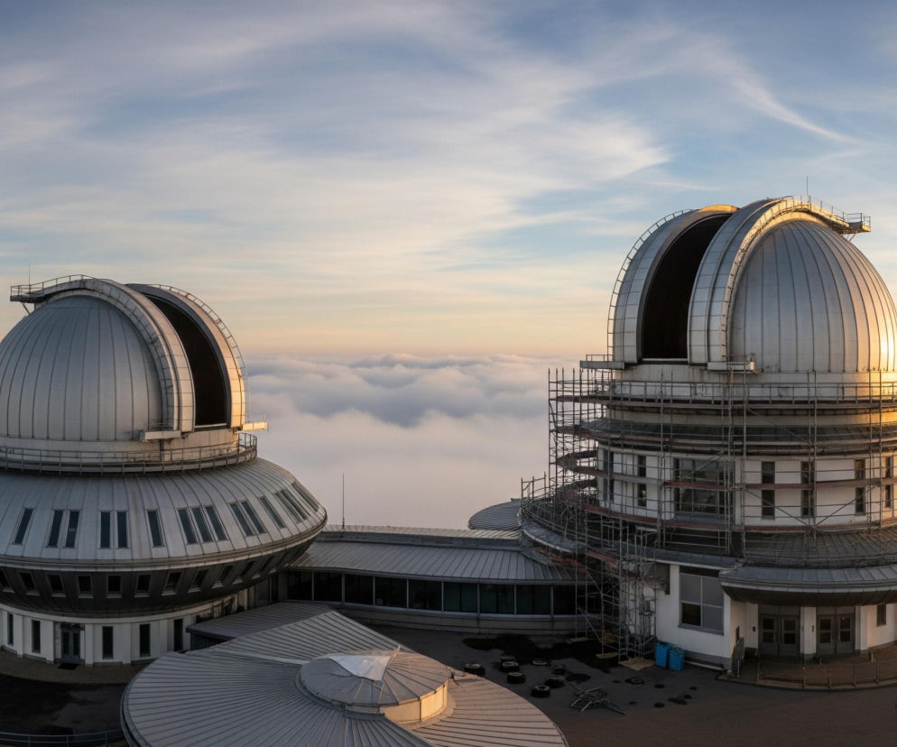 Dominują dwa duże, srebrne budynki z kopułami, górujące nad warstwą chmur rozciągającą się na horyzoncie. Kopuły posiadają otwarte segmenty, ukazujące ciemne wnętrza, a słońce, zlokalizowane po prawej stronie kadru, rzuca złote światło na ich powierzchnie, szczególnie na prawym budynku, który jest częściowo otoczony rusztowaniami. Niżej rozpościera się widok na inne części kompleksu budynków, z płaskimi dachami i oknami, niektóre również w srebrnym kolorze, a niebo nad chmurami jest błękitne z delikatnymi białymi smugami.