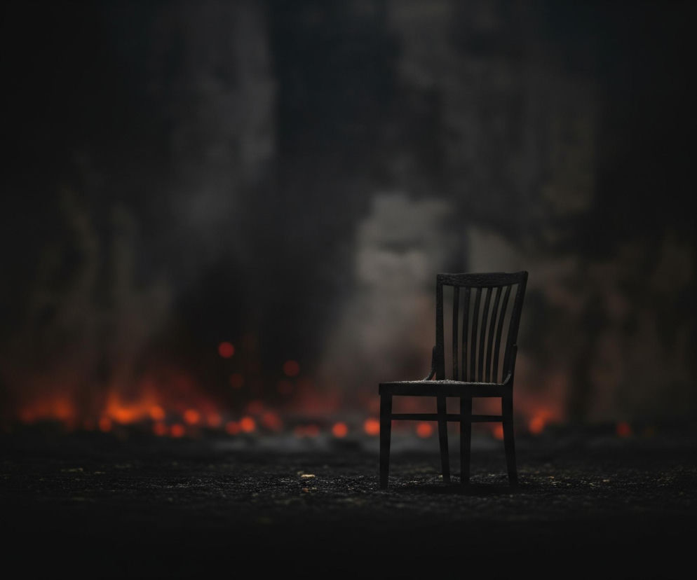 Na pierwszym planie, centralnie, stoi samotne, ciemne, drewniane krzesło o prostej konstrukcji z pionowymi szczeblami na oparciu. Krzesło znajduje się na chropowatej, ciemnej powierzchni, która częściowo odbija blade światło. W tle rozpościera się rozmyta scena, z dominującymi odcieniami pomarańczowego i czerwonego, sugerującymi płomienie lub żar, oraz kłębami ciemnego dymu w górnej części. Cała kompozycja jest utrzymana w ciemnych, ponurych barwach, z ostrym kontrastem między ciemnym krzesłem a jaskrawym tłem.