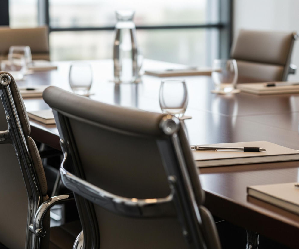 Rzędy eleganckich, skórzanych krzeseł z chromowanymi elementami rozciągają się wzdłuż długiego, ciemnobrązowego stołu konferencyjnego. Na stole widoczne są szklanki, karafki z wodą, notesy oraz długopisy ułożone w równych odstępach, sugerując przygotowanie do spotkania. W tle, za stołem, znajduje się duże okno, przez które wpada rozproszone światło, rozjaśniając przestrzeń i tworząc wrażenie głębi.