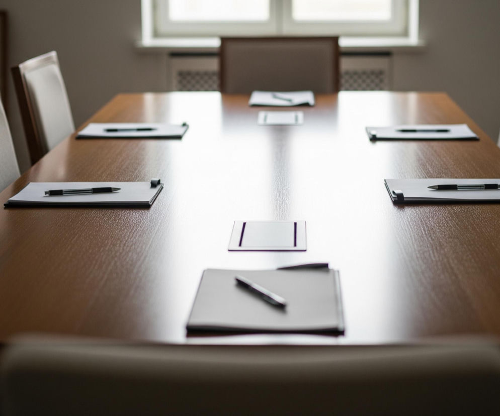 Drewniany stół konferencyjny w brązowym kolorze, zajmujący centralną część kadru, jest pusty, z wyjątkiem ułożonych na nim przedmiotów. Na stole, w rzędach po obu stronach, leży osiem zestawów składających się z czarnej teczki lub podkładki z białymi kartkami i długopisem, gotowych do użytku. W tle widać jasne okno z białymi ramami, przez które wpada światło, rozjaśniając centralną część stołu, a po bokach widoczne są krzesła z obiciami w odcieniach szarości i brązowymi drewnianymi ramami.