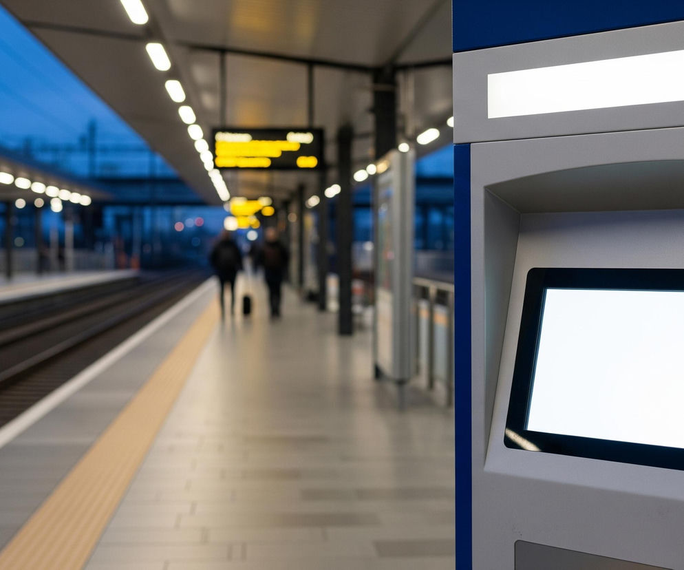W prawym kadrze znajduje się szaro-niebieski automat z podświetlonym, białym ekranem dotykowym i szczelinami na banknoty oraz karty, z jasno świecącym podłużnym panelem u góry. Po lewej stronie, rozmyta platforma dworcowa rozciąga się w głąb obrazu, z torami kolejowymi po lewej stronie i rzędem lamp sufitowych. Na platformie widać kilka rozmazanych postaci ludzkich, a w tle majaczy tablica informacyjna z żółtym tekstem na ciemnym tle. Całość oświetlona jest sztucznym światłem na tle granatowego, wieczornego nieba.