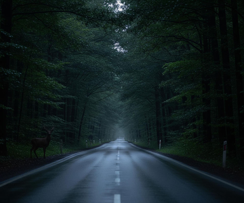 Droga o ciemnoszarym, mokrym asfalcie biegnie prosto przez gęsty, ciemnozielony las, znikając w mgle na horyzoncie. Pośrodku drogi znajduje się przerywana biała linia, a wzdłuż pobocza widoczne są biało-czerwone słupki drogowe. Na lewym poboczu, przy krawędzi lasu, stoi ciemnobrązowy jeleń z okazałymi rogami, patrzący w kierunku obserwatora.