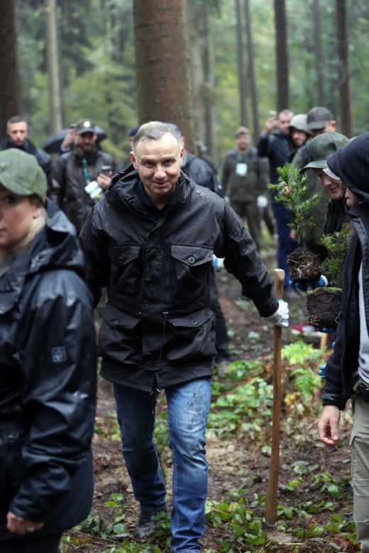 Andrzej Duda w deszczu sadził drzewa