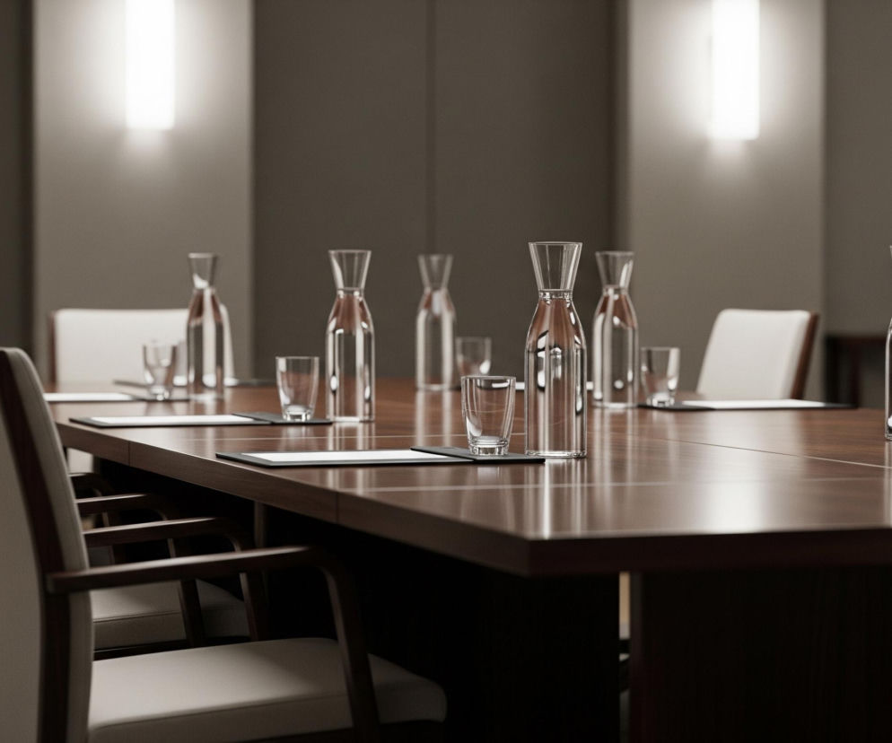 W centrum obrazu znajduje się długi, brązowy stół konferencyjny z polerowanego drewna, biegnący ukośnie przez kadr. Na stole ustawione są szklane karafki z wodą i szklanki, rozmieszczone regularnie wzdłuż blatu, a obok nich leżą czarne podkładki z białymi kartkami papieru. Wokół stołu ustawione są wygodne krzesła z jasnoszarym tapicerowaniem i ciemnobrązowymi drewnianymi ramami, częściowo widoczne po lewej stronie kadru. W tle widać ciemnoszare ściany, na których symetrycznie rozmieszczone są pionowe, podłużne lampy emitujące jasne, ciepłe światło, tworząc refleksy na stole.