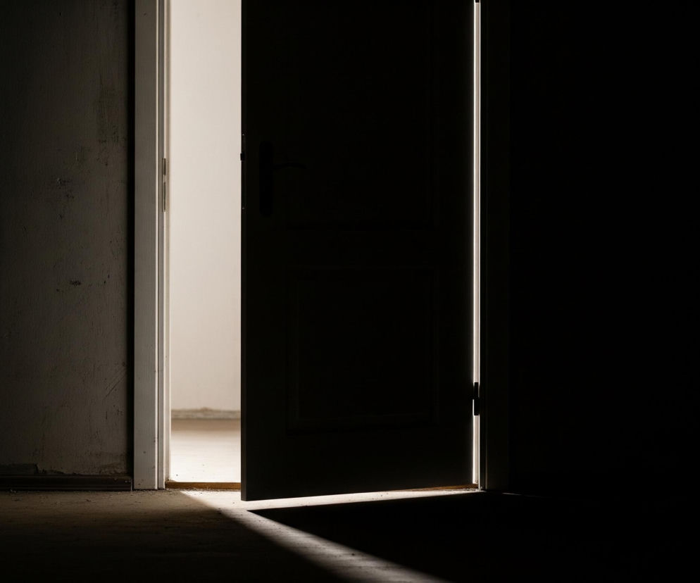 Otwarta, ciemna powierzchnia drzwi dominuje prawą część obrazu, lekko uchylona w kierunku wnętrza ciemnego pomieszczenia, z którego zrobiono zdjęcie. Szczelina między drzwiami a białą ościeżnicą oraz przestrzeń za drzwiami wpadają w jasne, ciepłe światło, oświetlając fragment podłogi i fragment ściany po lewej stronie. Na podłodze widoczny jest ostry cień rzucany przez drzwi, tworząc diagonalny kształt.