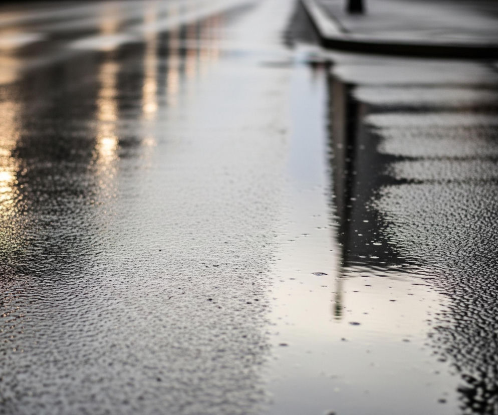 Mokra nawierzchnia, prawdopodobnie asfaltowa, pokryta jest drobnymi kroplami wody, tworzącymi ziarnistą teksturę na pierwszym planie. Na powierzchni widoczne są odbicia światła, zwłaszcza po lewej stronie, gdzie wydłużone, rozmyte smugi o ciepłym, złocisto-białym odcieniu sugerują źródła światła z daleka. Po prawej stronie, wzdłuż krawędzi nawierzchni, biegnie podniesiony fragment, prawdopodobnie krawężnik, z niewyraźnym odbiciem pionowego obiektu. Cały obraz utrzymany jest w ciemnych, stonowanych barwach, z wyjątkiem jasnych refleksów.