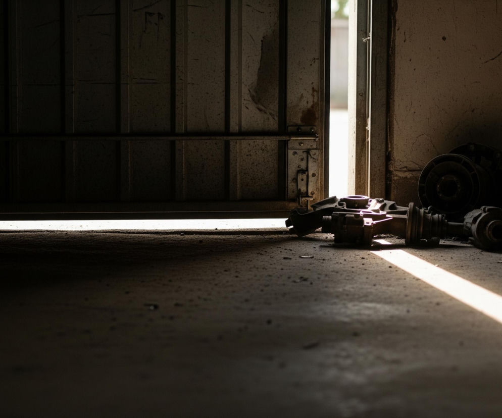 Wnętrze ciemnego pomieszczenia, prawdopodobnie garażu, oświetlone jest przez wąską szparę drzwi po lewej stronie. Na betonowej podłodze leżą różne, metalowe części maszyn, w tym fragmenty zębatek i osi, oświetlone promieniami słońca wpadającymi przez szparę w drzwiach. Górna część drzwi jest zardzewiała i pomalowana na ciemny kolor. Silne światło dzienne wpada z zewnątrz, tworząc na podłodze wyraźną, jasną smugę.