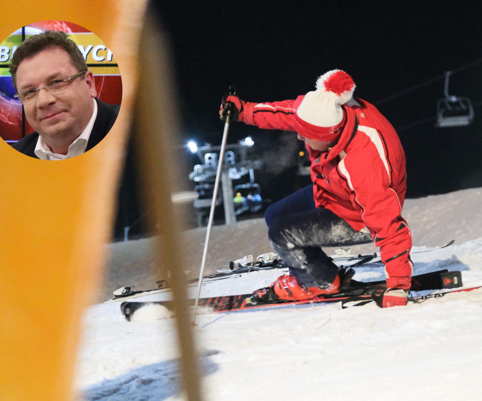 Minister Wójcik na nartach w biało-czerwonych barwach. Ależ wywrotka