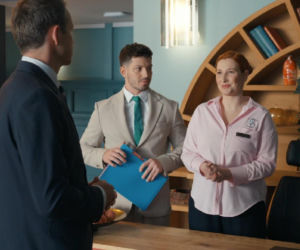 Barwy szczęścia, odcinek 3287. Bruno (Lesław Żurek), Justin (Jasper Sołtysiewicz), Sylwia (Anna Maria Kosik)